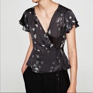 ZARA Silky Floral Wrap V Neck Blouse Grey Cream Size M
